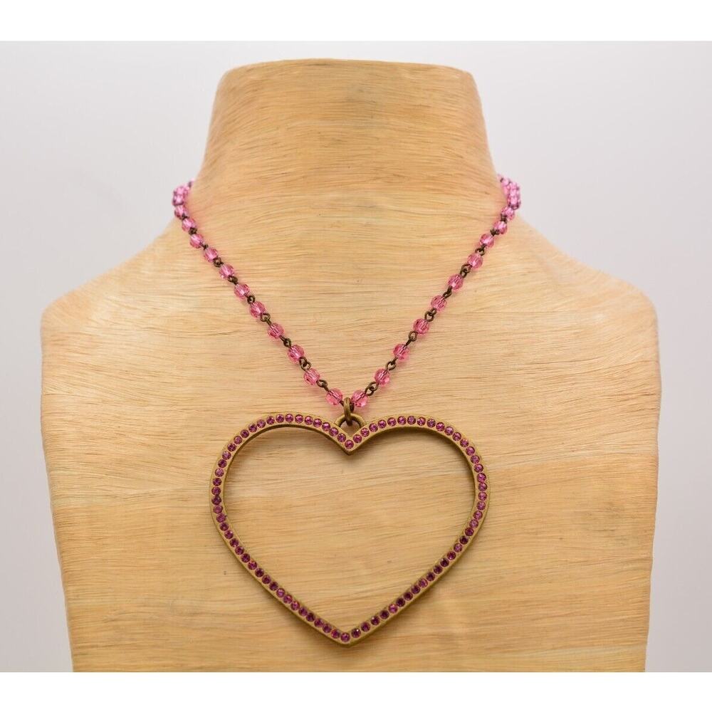 Sisi Amber Vintage Valentine Heart Necklace Pink Crystal Beaded Signed BinT